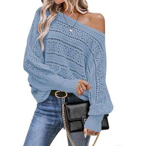 Women’s Blue Off Shoulder Batwing Crochet Sweater Top, Fall Trendy